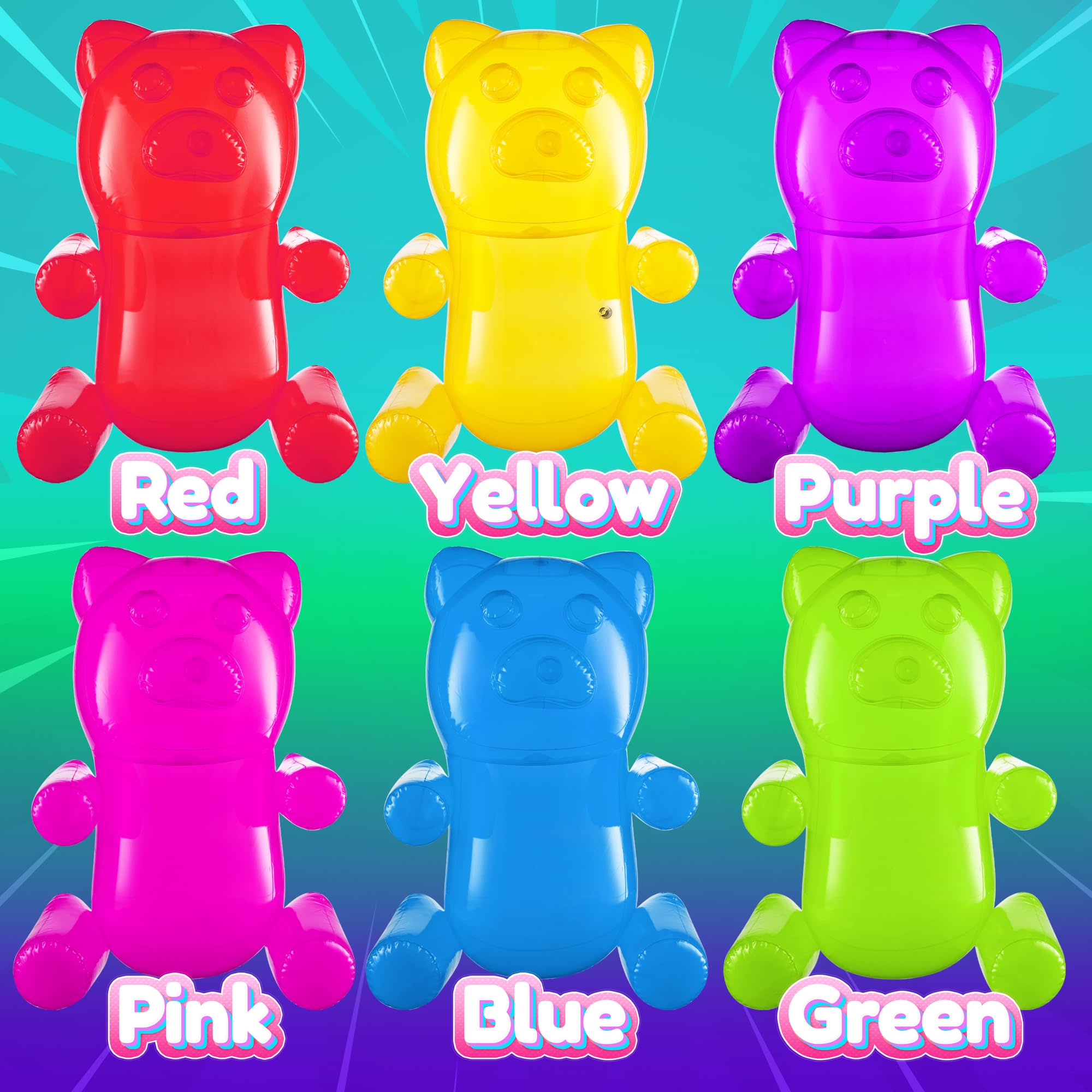 24" Inflatable Gummy Bears (Pack of 6) Huge Blow Up Pool Toys, Fun Photo Booth Props and Big Gummy Bear Decorations for Kids Birthday Parties and Themed Candy Land Party Decor Supplies